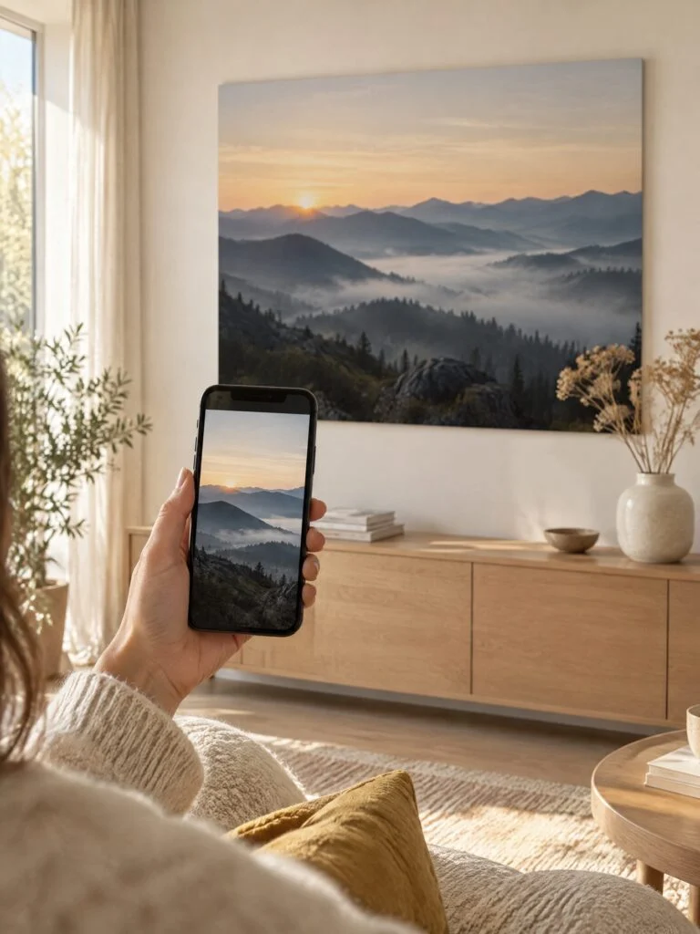 Une photo sur un téléphone, et la même image imprimée au mur du salon