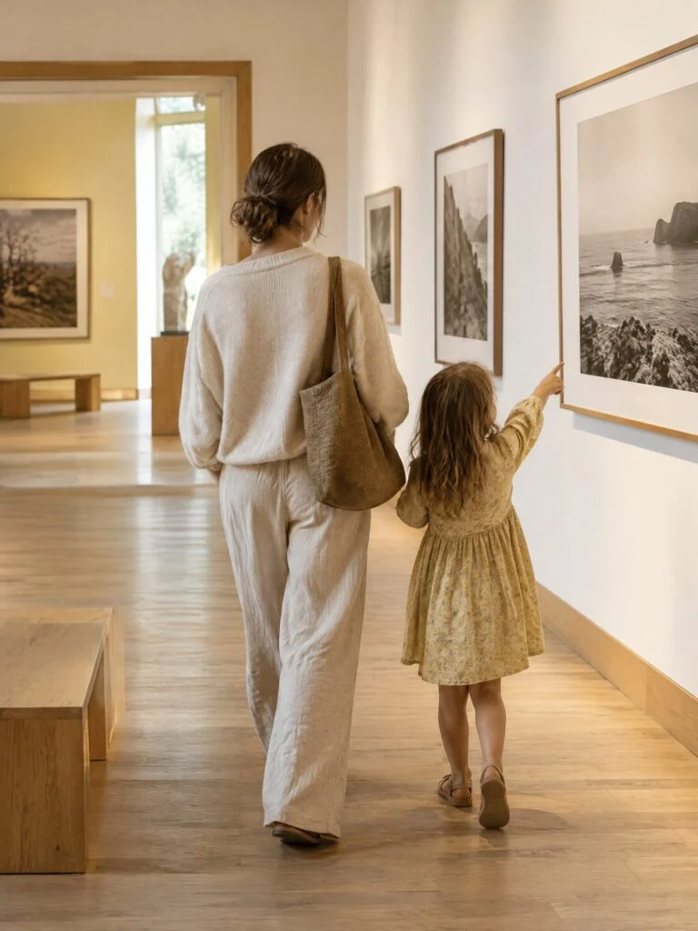 Une mère et sa fille dans une exposition de photographies