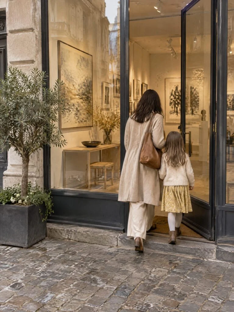 Une mère et sa fille entrent dans une galerie