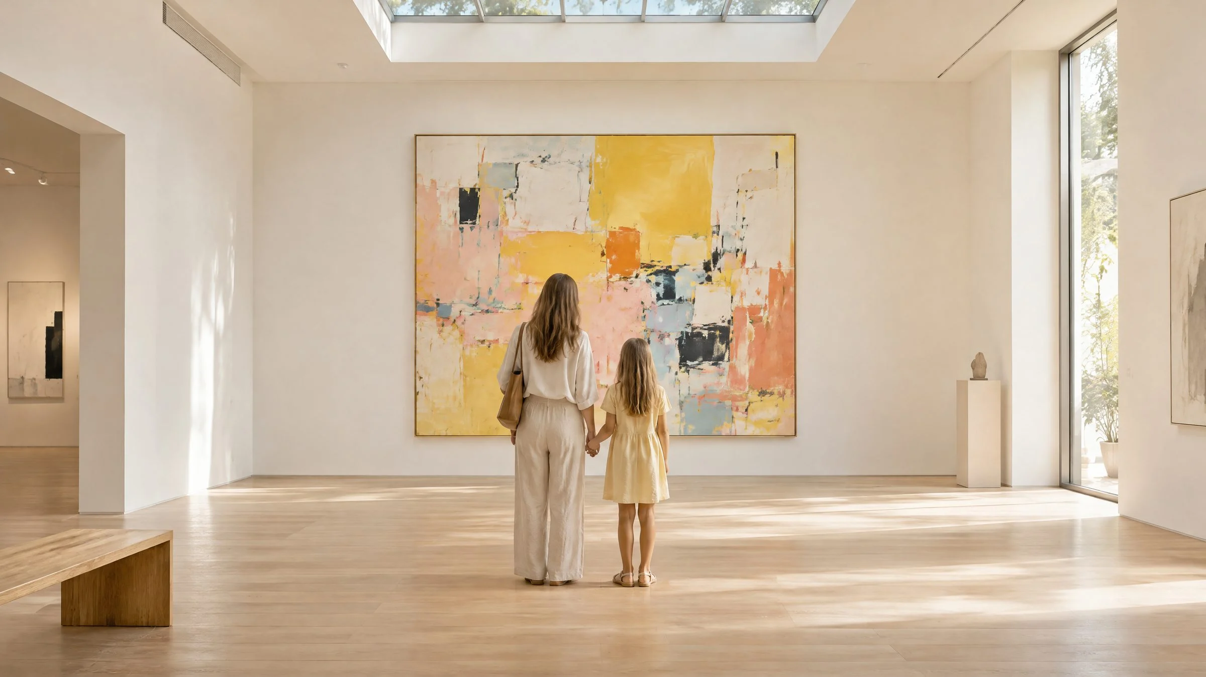 Une mère et sa fille devant une grande toile dans une galerie