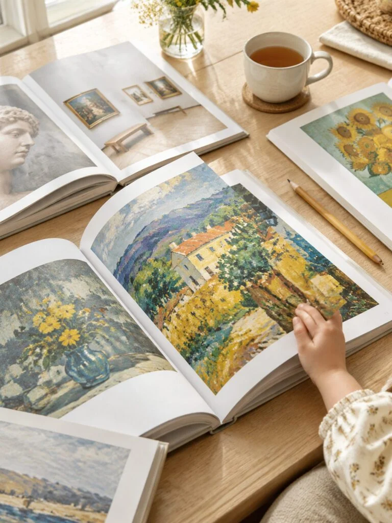 Des magazines d’art ouverts sur une table