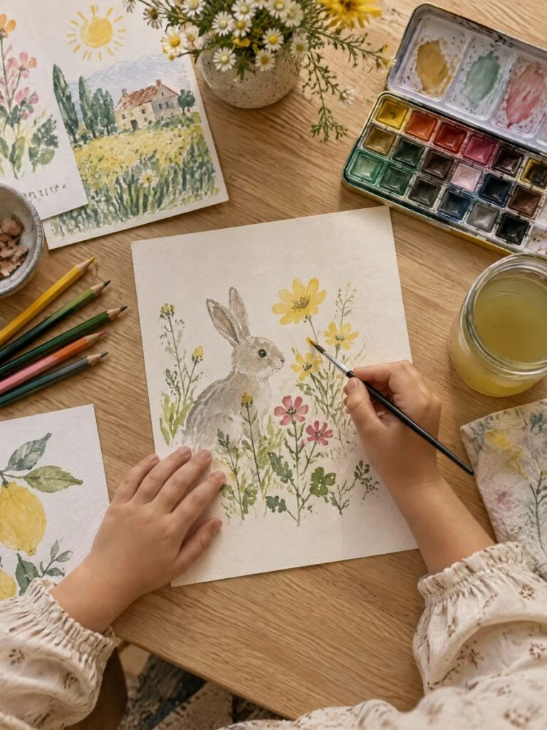 Les mains d’une petite fille qui peint à l’aquarelle
