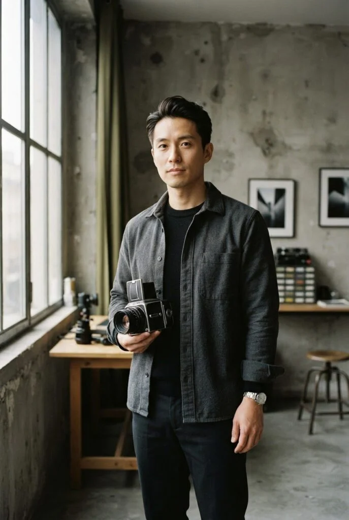 Milo Chen, photographe, dans son atelier, appareil photo à la main