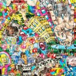 Collage très coloré, foisonnant de personnages et de motifs