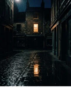 Ruelle pavée mouillée la nuit, une fenêtre éclairée, photographie de Milo Chen